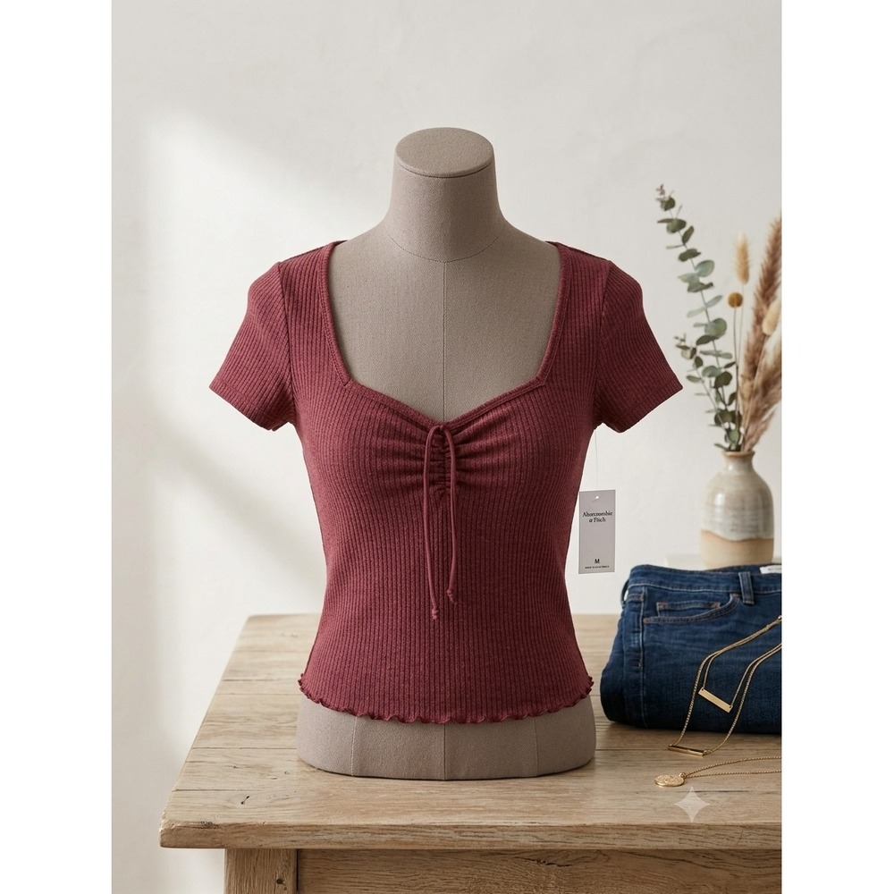 Abercrombie & Fitch Ribbed Sweetheart Neck Cinched Drawstring Top Burgundy M